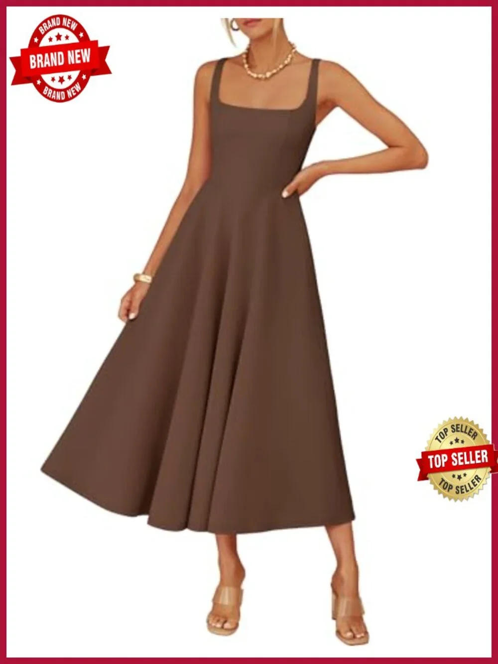 Womens Sleeveless Square Neck A-Line Midi Dress Lightweight Knit